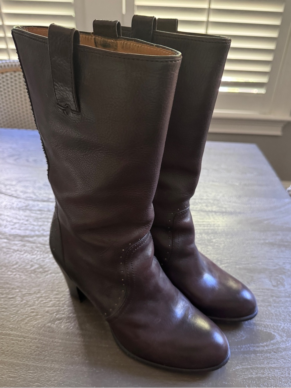 Frye Fiona Studded Mid Boots, leather, size 9, 2.5” heel